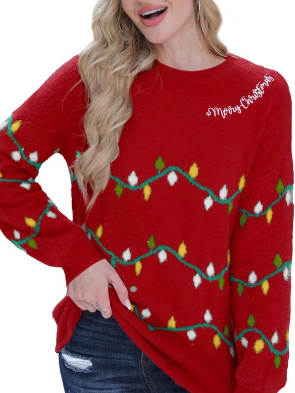 Red 'Merry Christmas' Holiday Light Sweater - Women